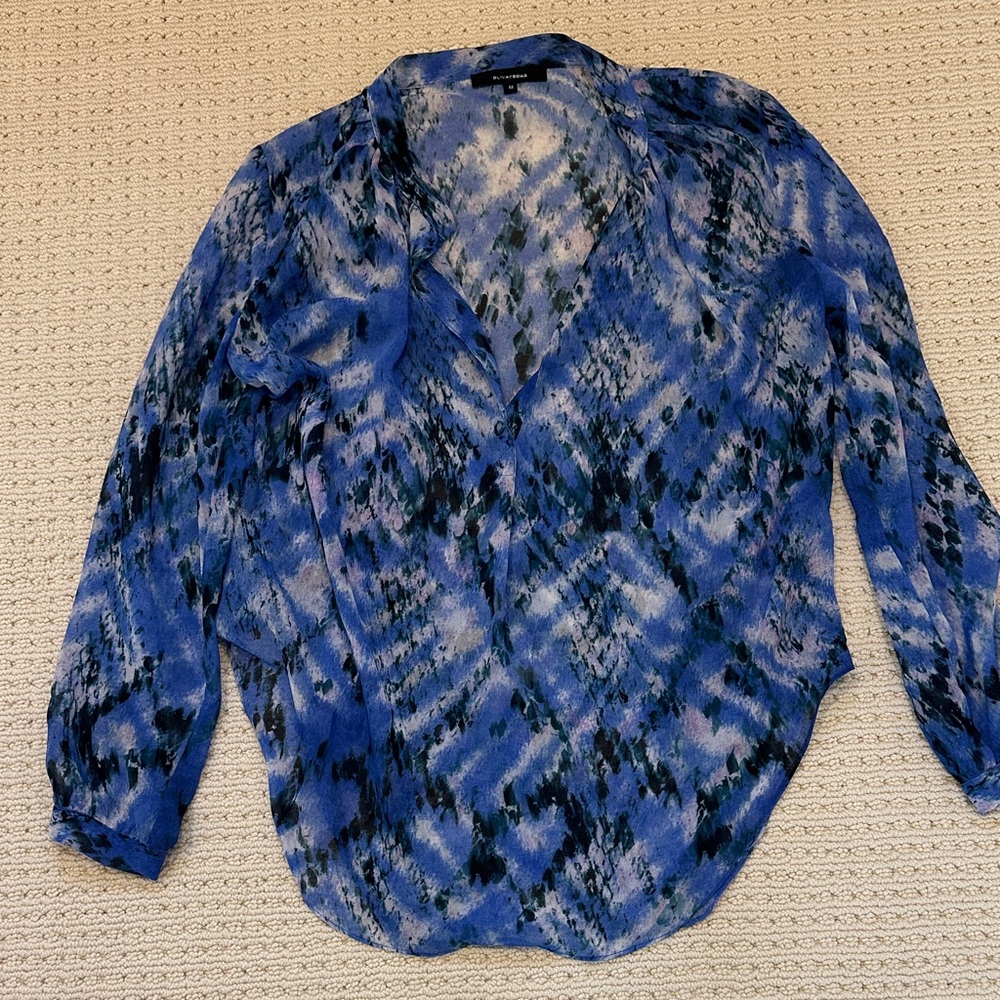 Olivaceous Blue, Green, White and Black Sheer Patterned Blouse